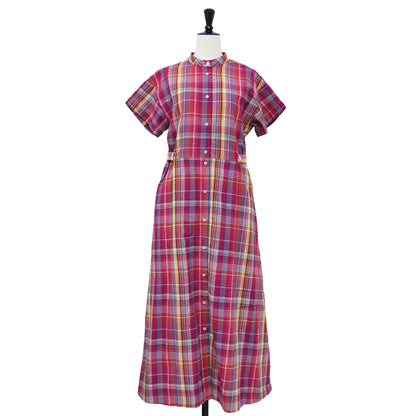 25春夏 マドラスチェック ウエスト タブ ワンピース / シャツ ロング丈 ウエストタブ