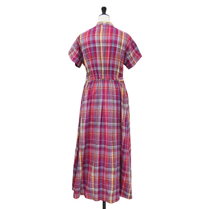 25春夏 マドラスチェック ウエスト タブ ワンピース / シャツ ロング丈 ウエストタブ