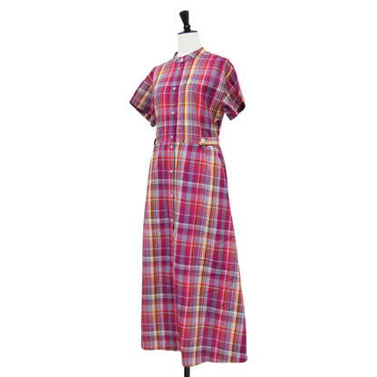 25春夏 マドラスチェック ウエスト タブ ワンピース / シャツ ロング丈 ウエストタブ