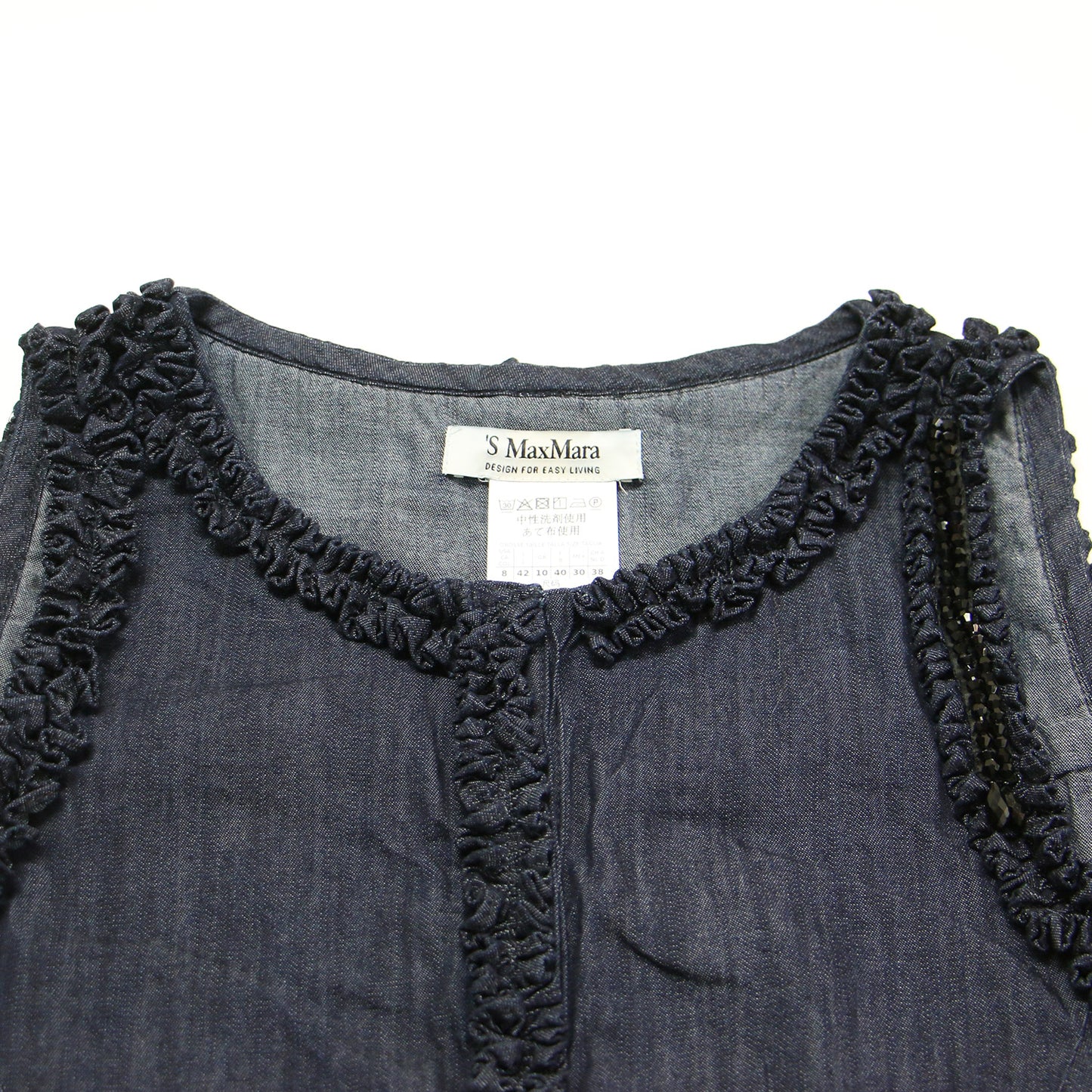 ノースリーブ デニム ワンピース / フリル ビーズ Aライン 比翼ボタン コットン