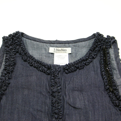 ノースリーブ デニム ワンピース / フリル ビーズ Aライン 比翼ボタン コットン