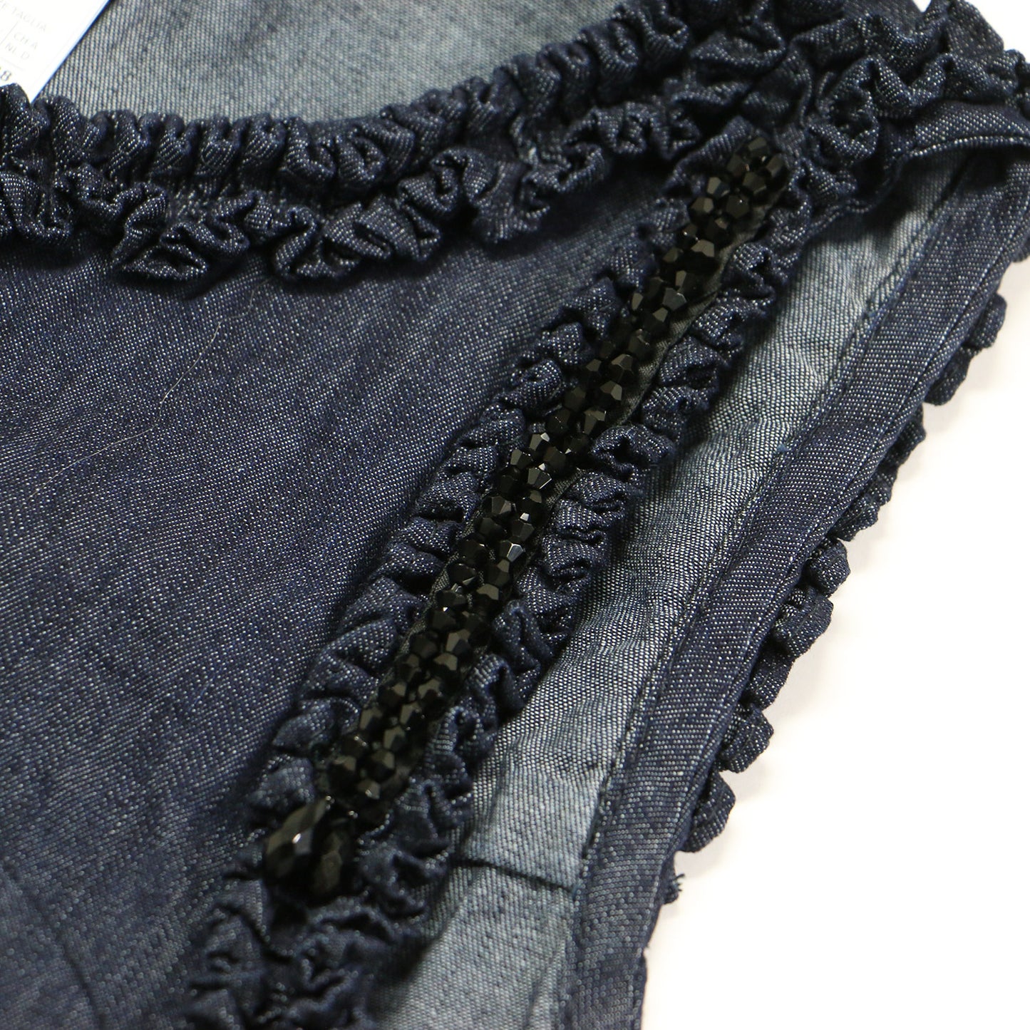 ノースリーブ デニム ワンピース / フリル ビーズ Aライン 比翼ボタン コットン