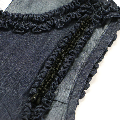 ノースリーブ デニム ワンピース / フリル ビーズ Aライン 比翼ボタン コットン