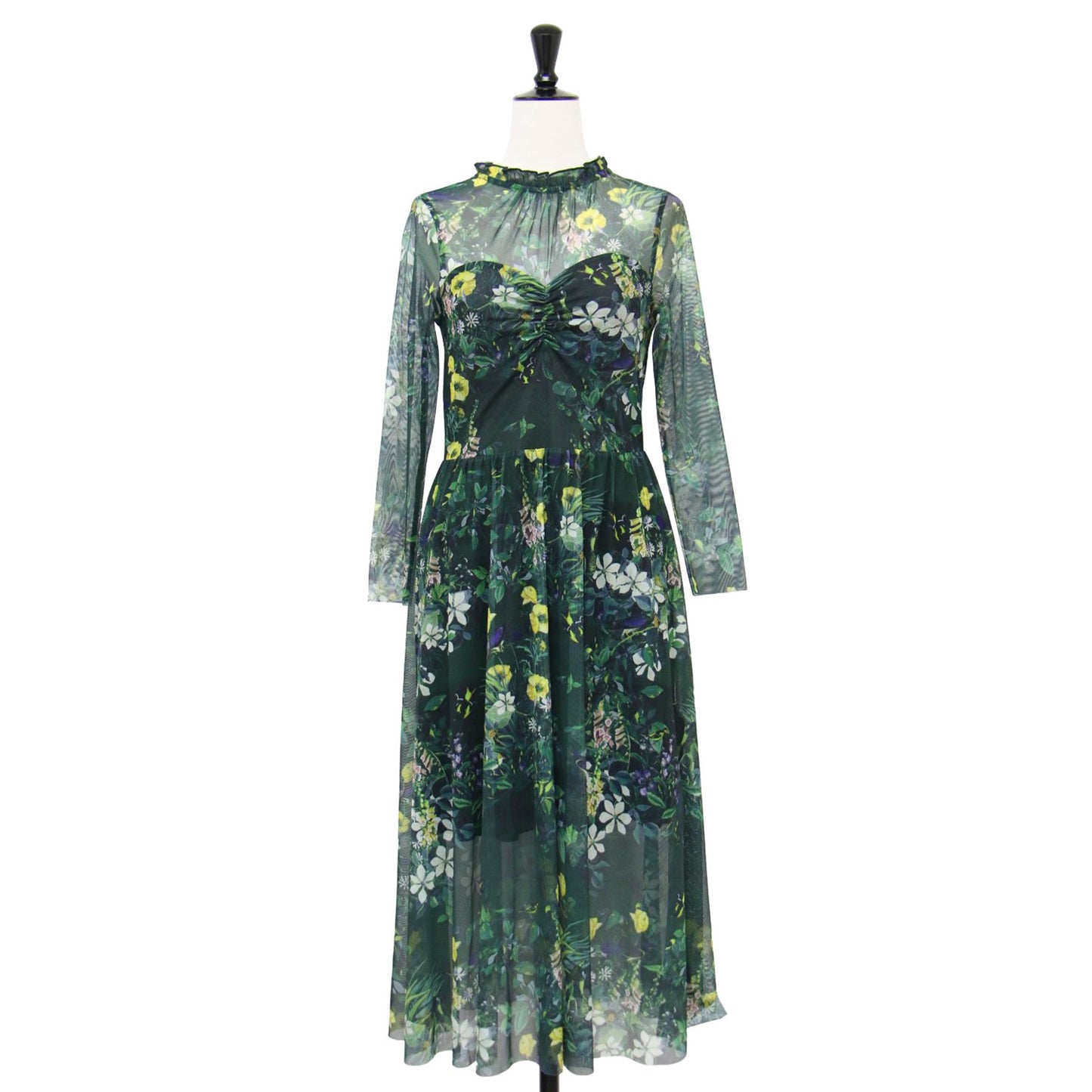 シアー 花柄 ロングスリーブ ワンピース / ドレス ミモレ丈 フレア メッシュ タック ギャザー