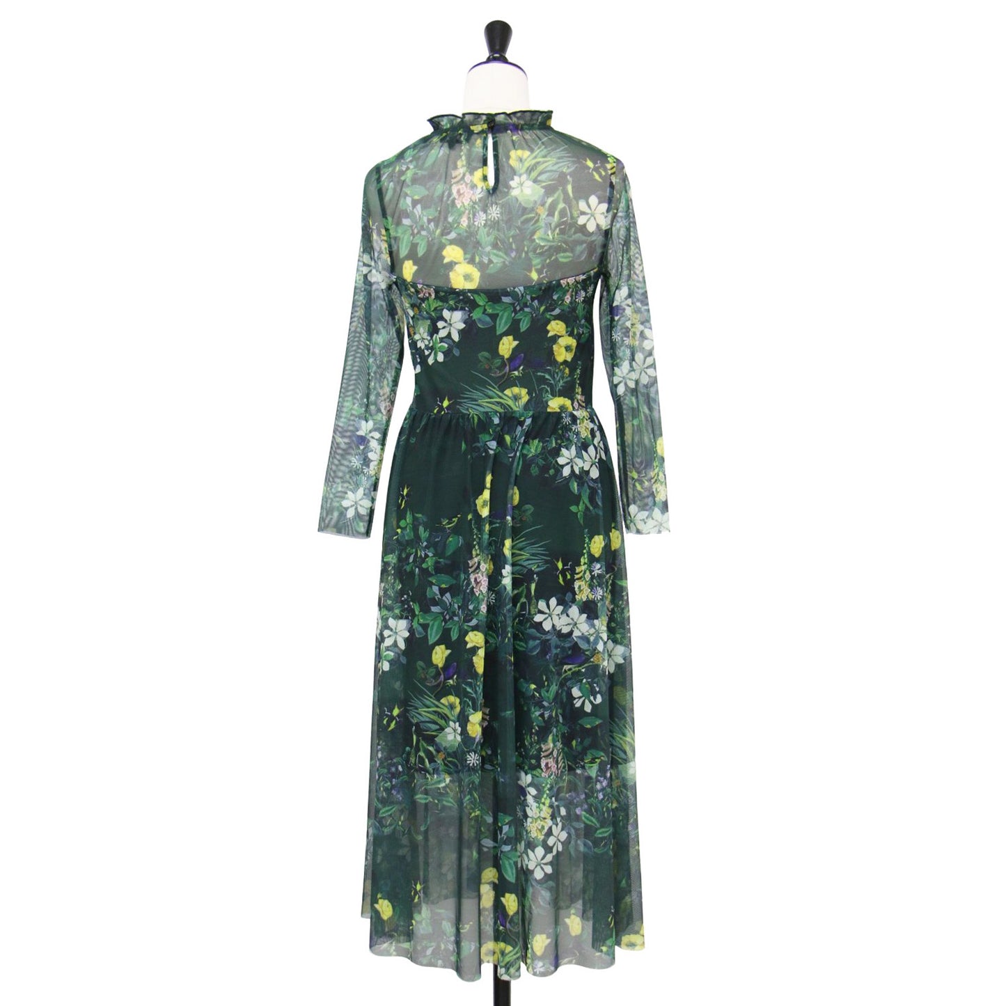 シアー 花柄 ロングスリーブ ワンピース / ドレス ミモレ丈 フレア メッシュ タック ギャザー