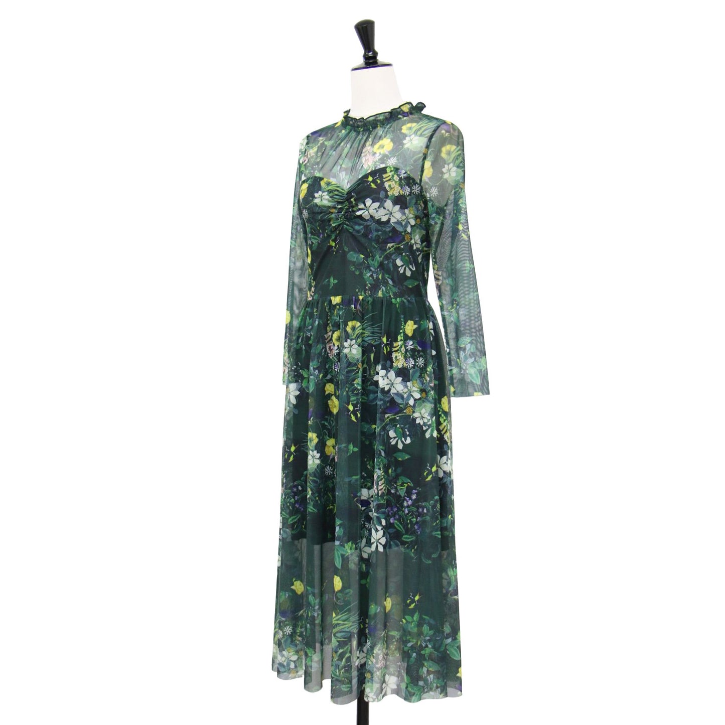 シアー 花柄 ロングスリーブ ワンピース / ドレス ミモレ丈 フレア メッシュ タック ギャザー