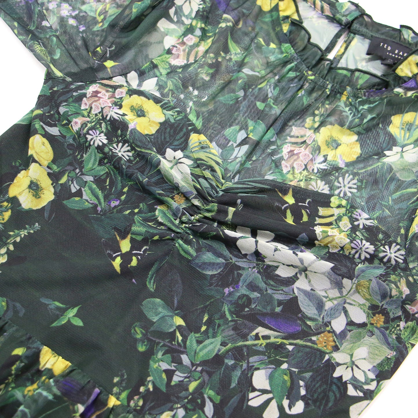 シアー 花柄 ロングスリーブ ワンピース / ドレス ミモレ丈 フレア メッシュ タック ギャザー