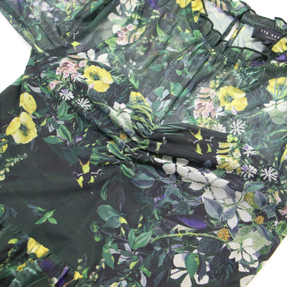 シアー 花柄 ロングスリーブ ワンピース / ドレス ミモレ丈 フレア メッシュ タック ギャザー