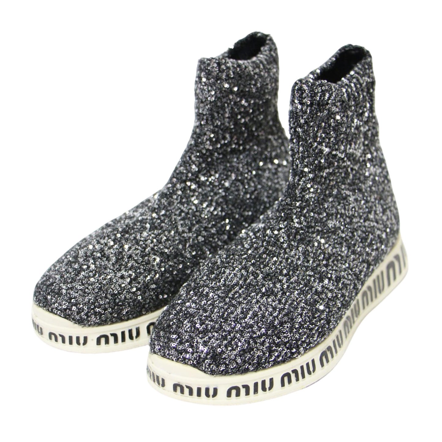 スパンコール ロゴ ソックス スニーカー/ ブーツ ラウンドトゥ グリッター ニット素材