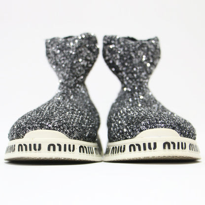 スパンコール ロゴ ソックス スニーカー/ ブーツ ラウンドトゥ グリッター ニット素材