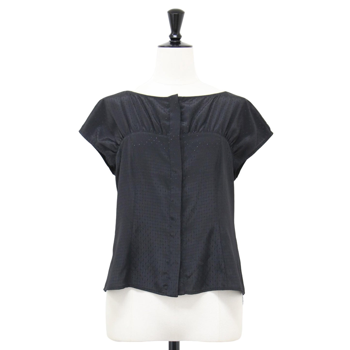 25春夏 ピンドット ジャガード ブラウス / シャツ ノーカラー フレンチスリーブ ギャザー フレア