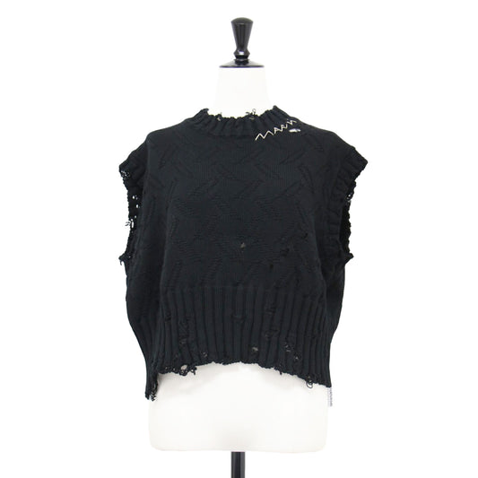 25春夏 ダメージ コットン ニット ベスト / プルオーバー クロップド丈 クルーネック ノースリーブ ロゴ刺繍