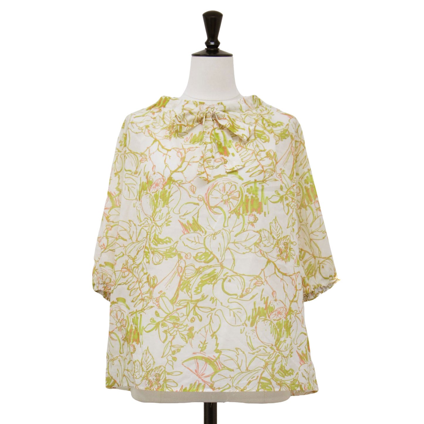 24春夏 ベジタブルリーフ プリント ネック ギャザーブラウス / シャツ ラグランスリーブ ボウタイ リボン コットン