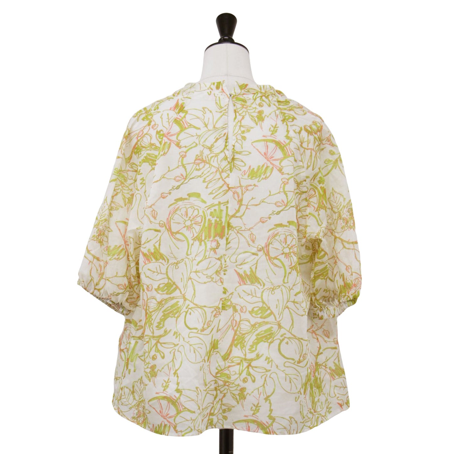 24春夏 ベジタブルリーフ プリント ネック ギャザーブラウス / シャツ ラグランスリーブ ボウタイ リボン コットン