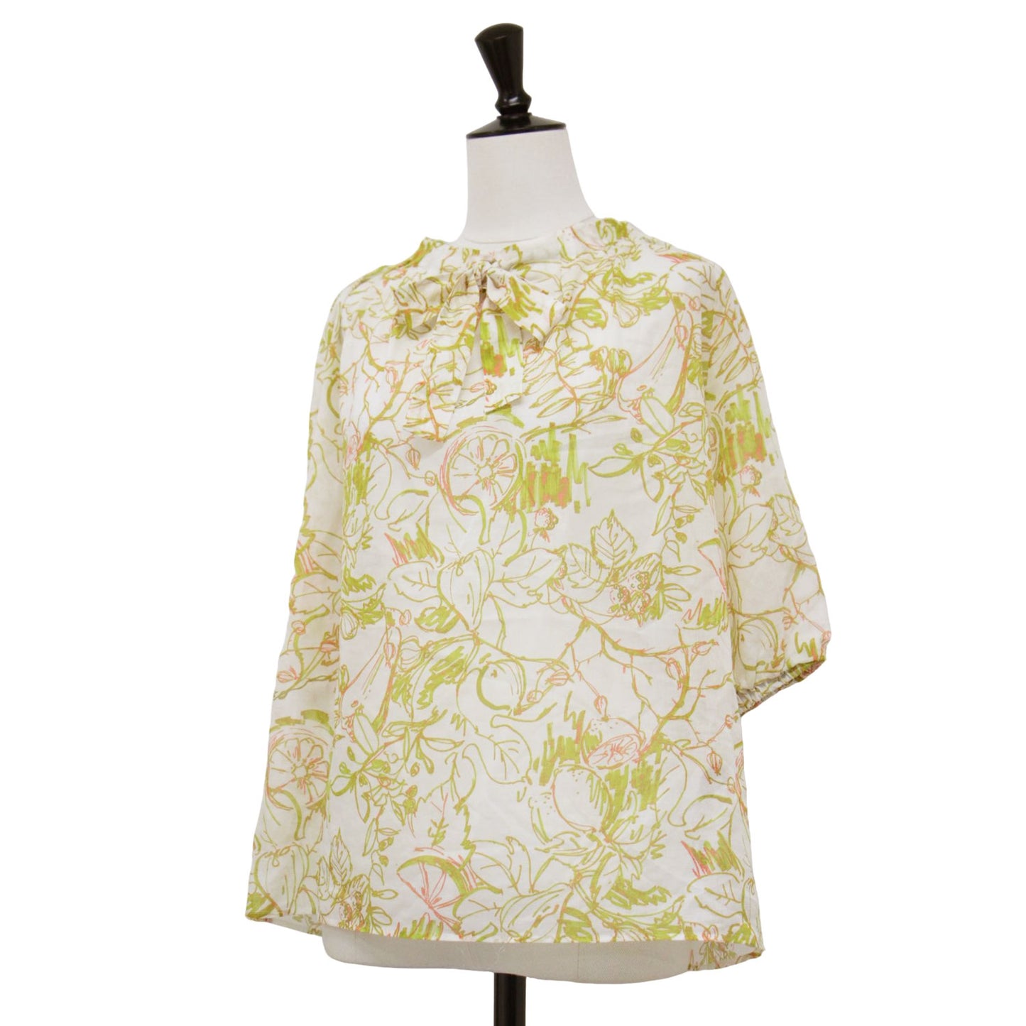 24春夏 ベジタブルリーフ プリント ネック ギャザーブラウス / シャツ ラグランスリーブ ボウタイ リボン コットン