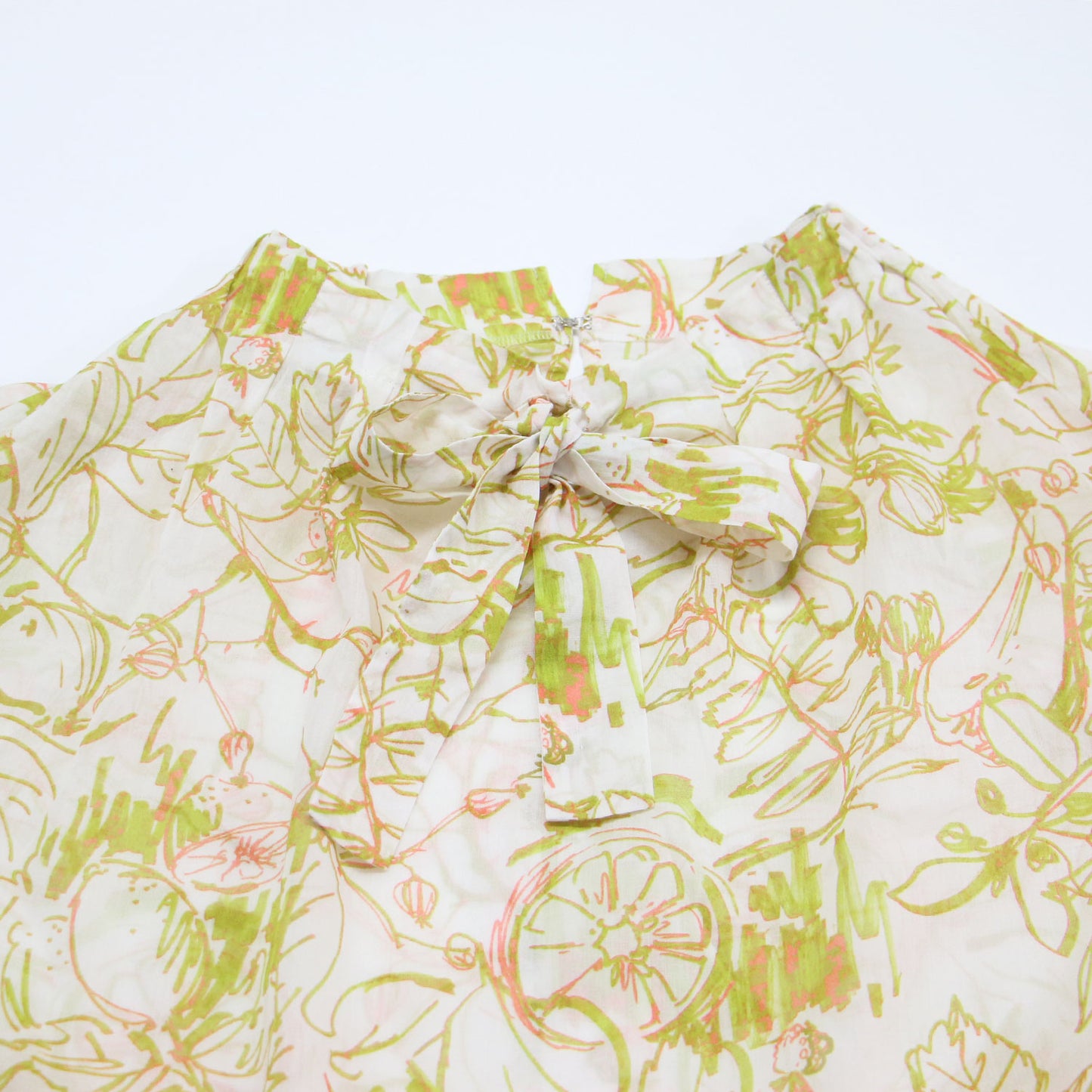 24春夏 ベジタブルリーフ プリント ネック ギャザーブラウス / シャツ ラグランスリーブ ボウタイ リボン コットン