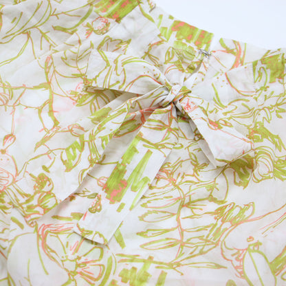 24春夏 ベジタブルリーフ プリント ネック ギャザーブラウス / シャツ ラグランスリーブ ボウタイ リボン コットン