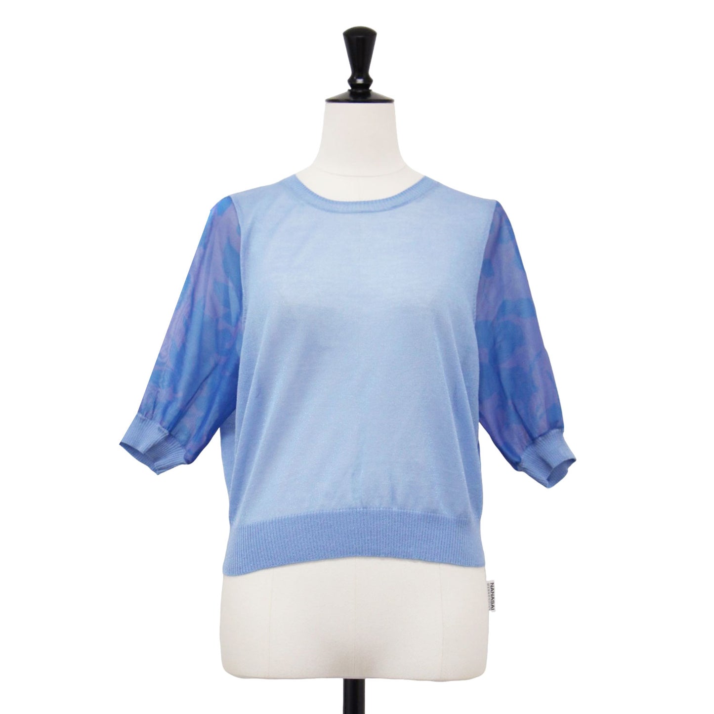 23春夏 ポリエステル プリント パフスリーブ コンビ ニット / プルオーバー 半袖 クルーネック リブ エキゾチック シルク混