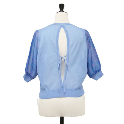 23春夏 ポリエステル プリント パフスリーブ コンビ ニット / プルオーバー 半袖 クルーネック リブ エキゾチック シルク混