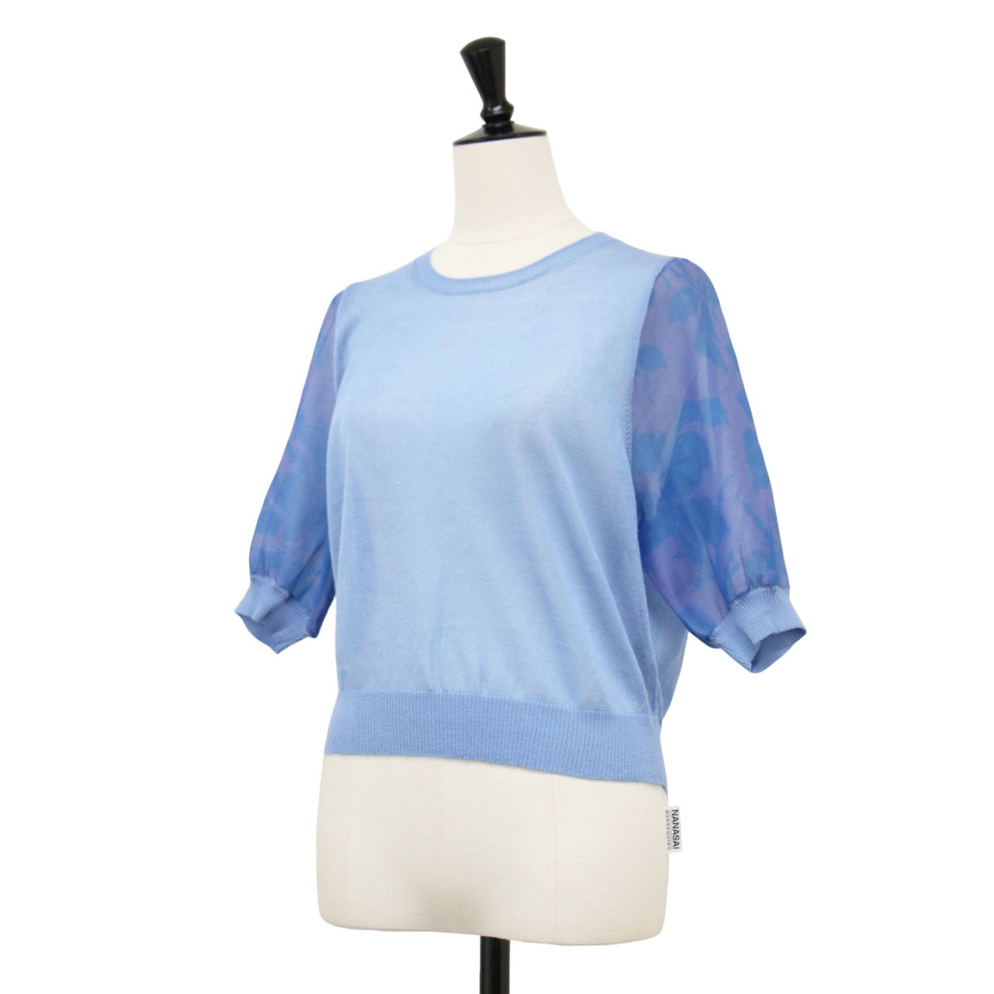 23春夏 ポリエステル プリント パフスリーブ コンビ ニット / プルオーバー 半袖 クルーネック リブ エキゾチック シルク混