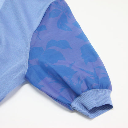 23春夏 ポリエステル プリント パフスリーブ コンビ ニット / プルオーバー 半袖 クルーネック リブ エキゾチック シルク混