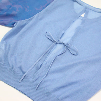 23春夏 ポリエステル プリント パフスリーブ コンビ ニット / プルオーバー 半袖 クルーネック リブ エキゾチック シルク混