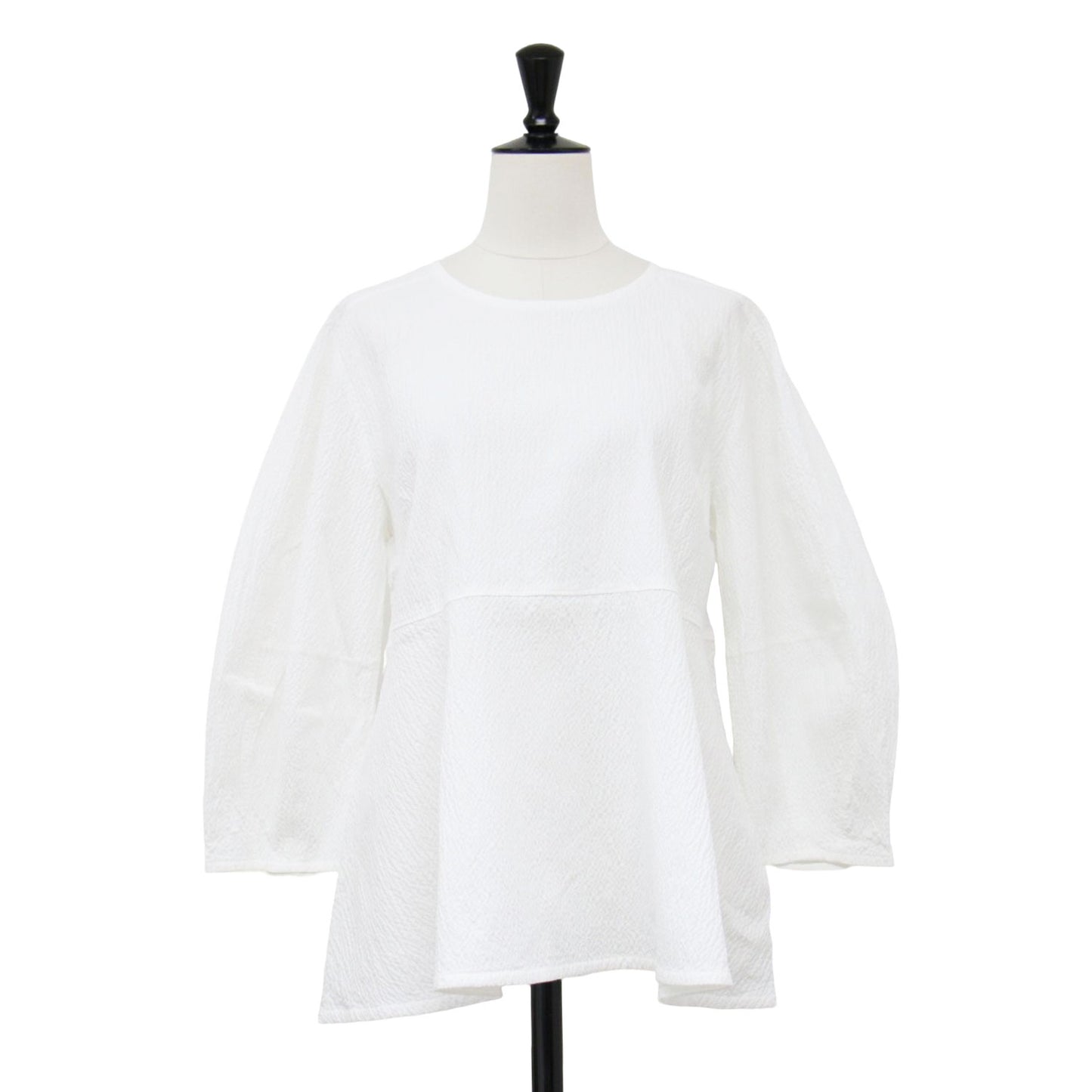 24春夏 サッカー ペプラム プルオーバー カットソー / ブラウス 7分袖 クルーネック フレア ストレッチ コットン