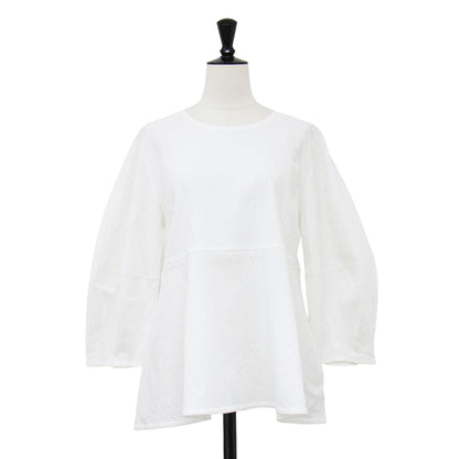 24春夏 サッカー ペプラム プルオーバー カットソー / ブラウス 7分袖 クルーネック フレア ストレッチ コットン