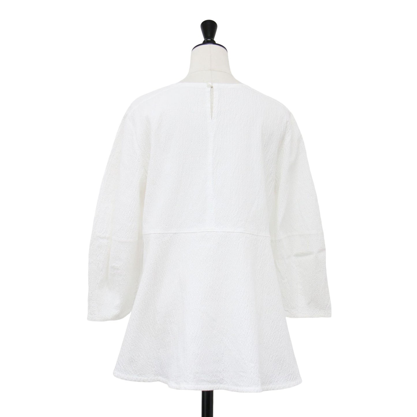 24春夏 サッカー ペプラム プルオーバー カットソー / ブラウス 7分袖 クルーネック フレア ストレッチ コットン