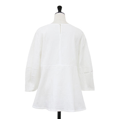 24春夏 サッカー ペプラム プルオーバー カットソー / ブラウス 7分袖 クルーネック フレア ストレッチ コットン