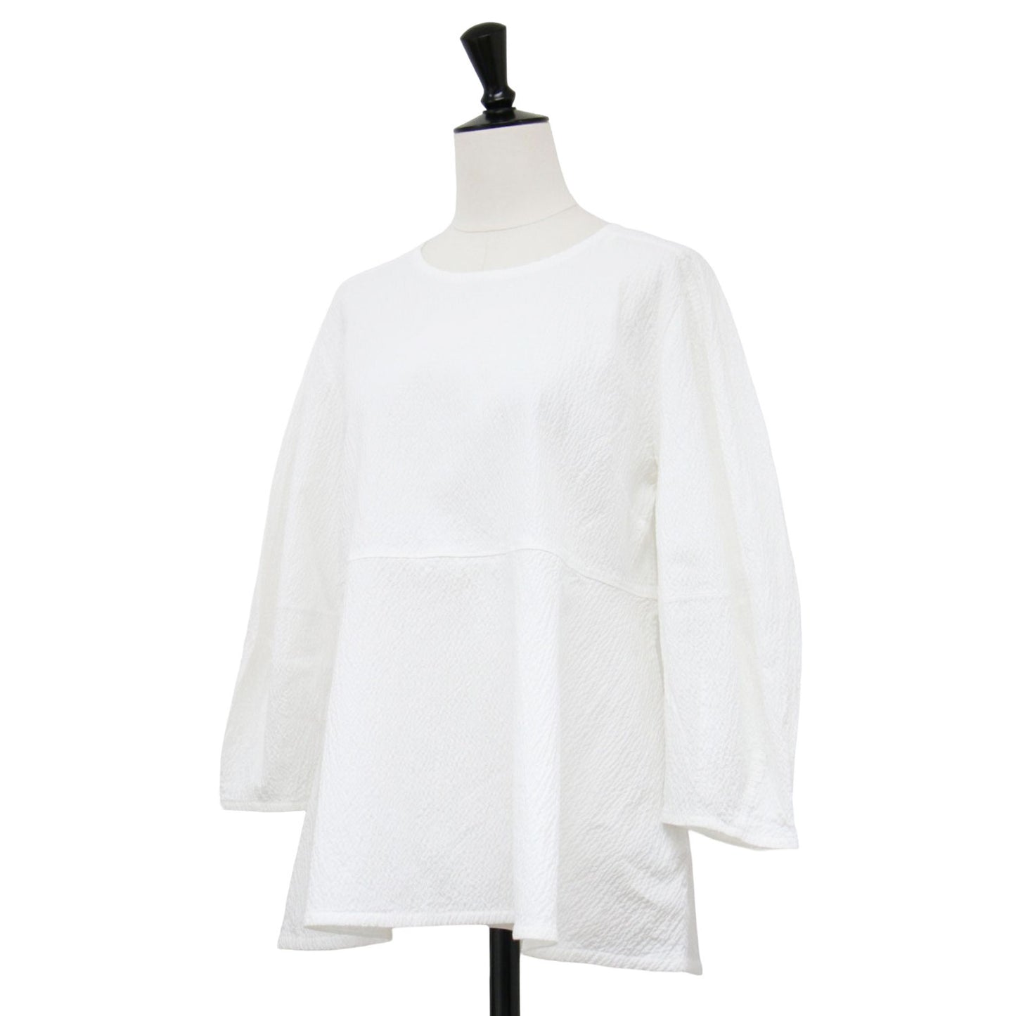 24春夏 サッカー ペプラム プルオーバー カットソー / ブラウス 7分袖 クルーネック フレア ストレッチ コットン