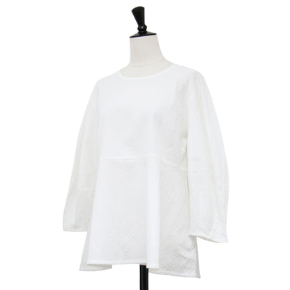 24春夏 サッカー ペプラム プルオーバー カットソー / ブラウス 7分袖 クルーネック フレア ストレッチ コットン