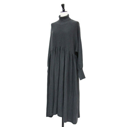 タートルネック ニットワンピース / ドレス 長袖 ロング丈 ハイネック フレア ギャザー アシンメトリーヘム