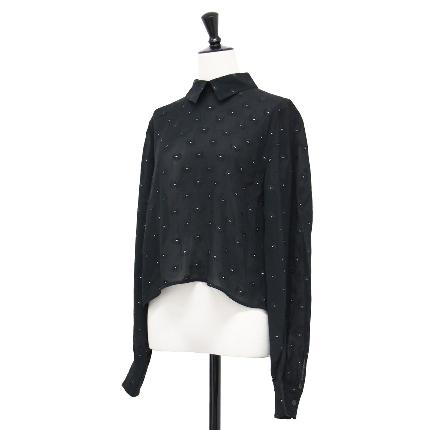 23春夏 ブラックフラワー ショートシャツ ブラウス / プルオーバー 長袖 シアー タック