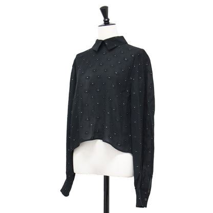 23春夏 ブラックフラワー ショートシャツ ブラウス / プルオーバー 長袖 シアー タック