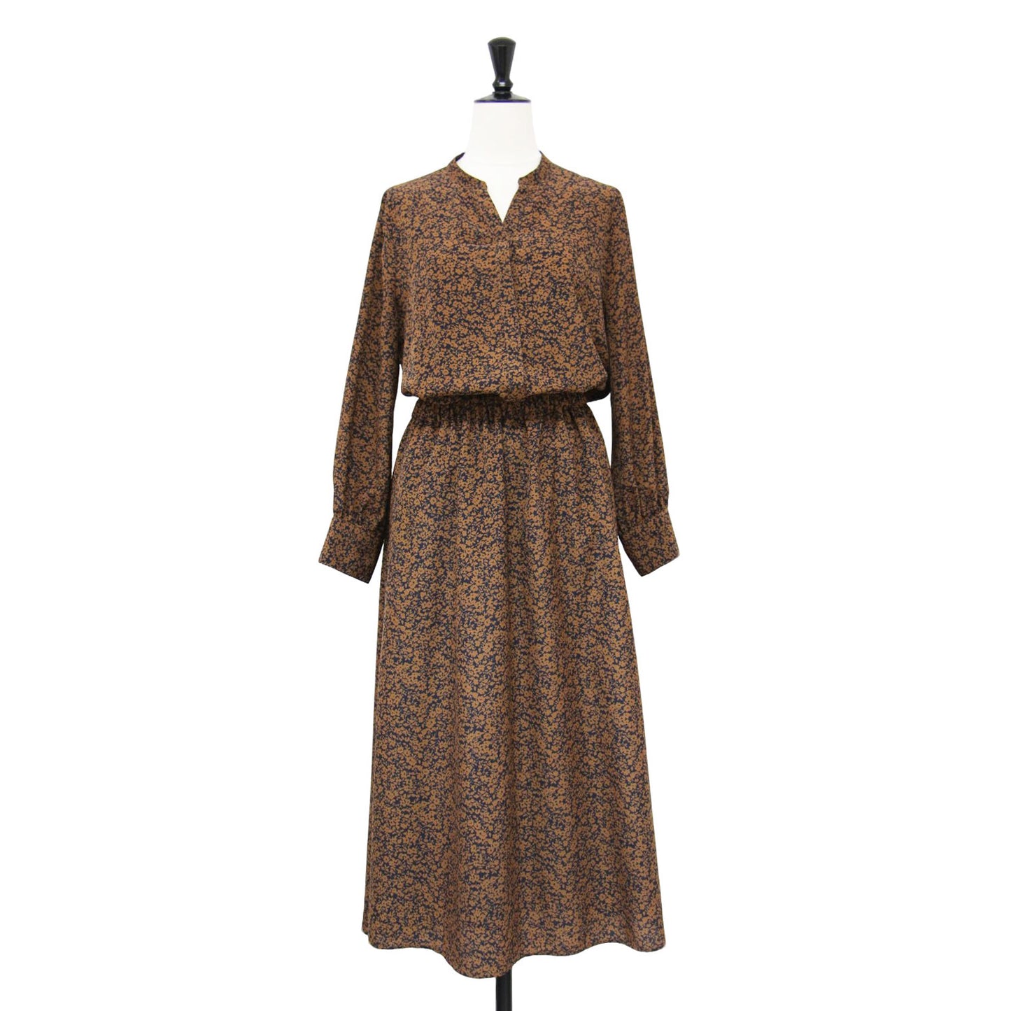 フラワー プリント ロングスリーブ Vネック ワンピース / ロング丈 ギャザー タック フレア 総柄