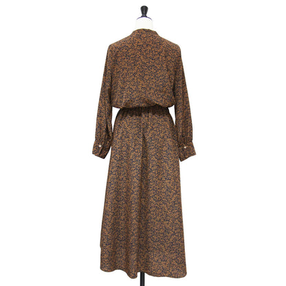 フラワー プリント ロングスリーブ Vネック ワンピース / ロング丈 ギャザー タック フレア 総柄