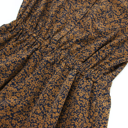 フラワー プリント ロングスリーブ Vネック ワンピース / ロング丈 ギャザー タック フレア 総柄