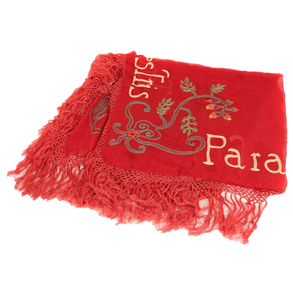 ロゴ 刺繍 フリンジ 大判 ストール / シルク ヴィンテージ オリエンタル柄 ボタニカル モチーフ