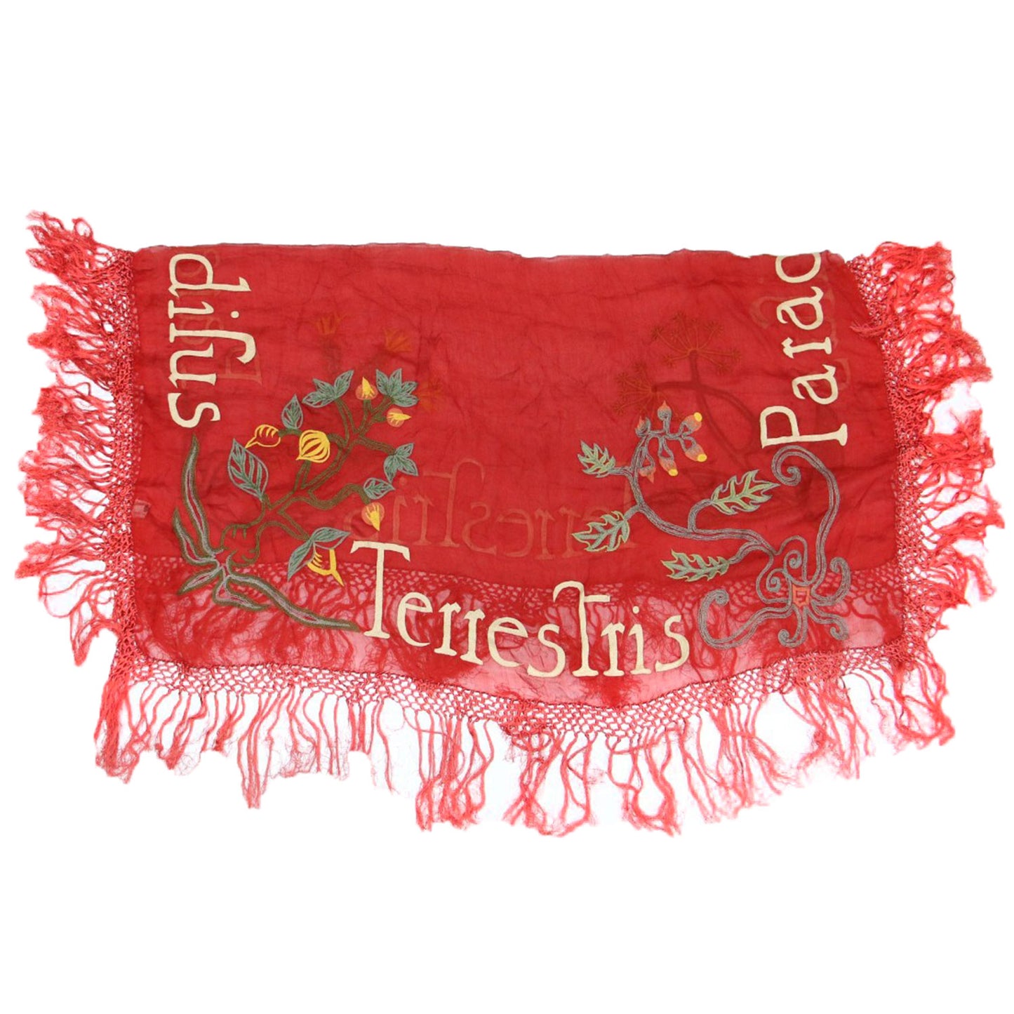 ロゴ 刺繍 フリンジ 大判 ストール / シルク ヴィンテージ オリエンタル柄 ボタニカル モチーフ