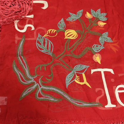 ロゴ 刺繍 フリンジ 大判 ストール / シルク ヴィンテージ オリエンタル柄 ボタニカル モチーフ