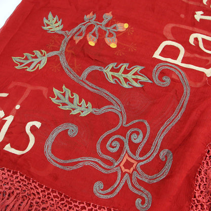 ロゴ 刺繍 フリンジ 大判 ストール / シルク ヴィンテージ オリエンタル柄 ボタニカル モチーフ