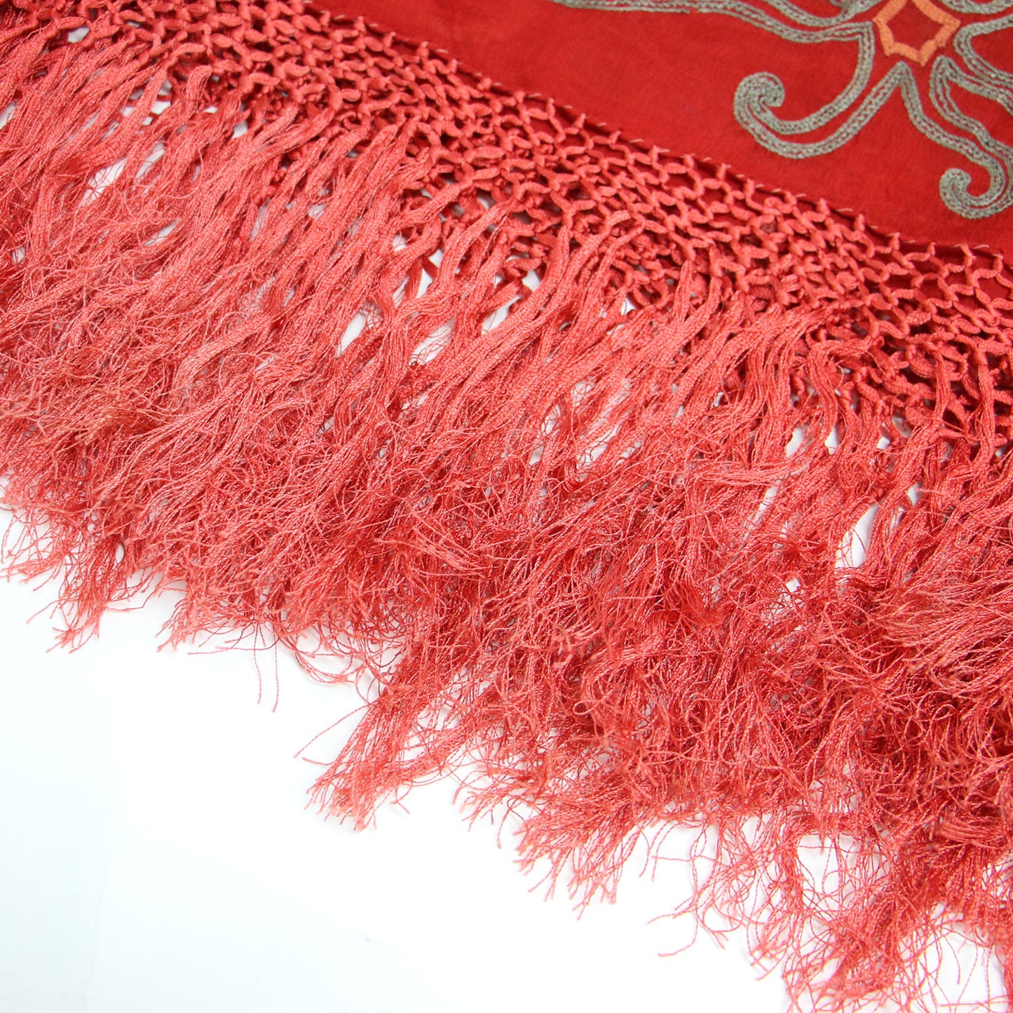 ロゴ 刺繍 フリンジ 大判 ストール / シルク ヴィンテージ オリエンタル柄 ボタニカル モチーフ