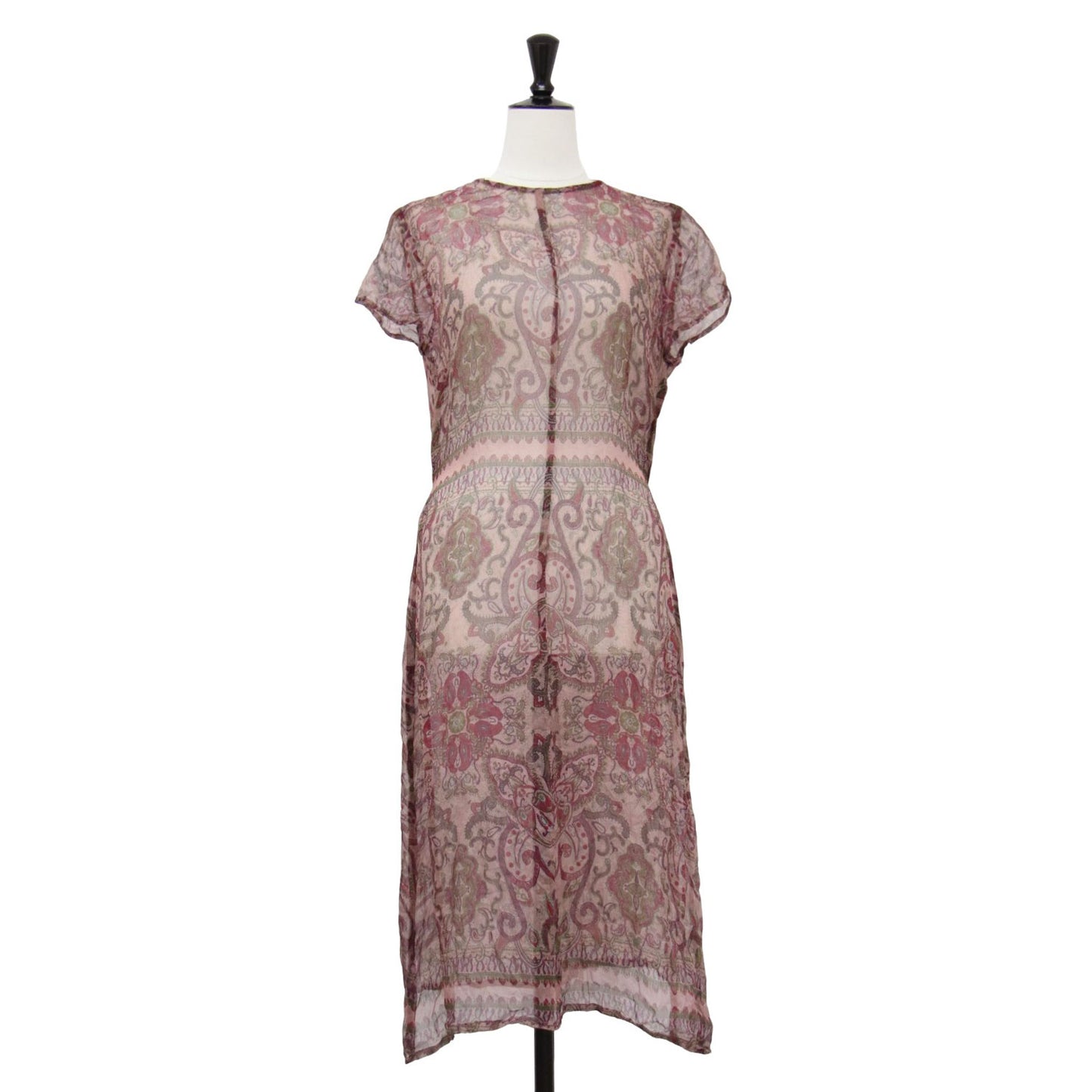 シルク 総柄 ワンピース / ドレス 半袖 クルーネック ミモレ丈 シアー ヴィンテージ