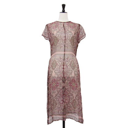 シルク 総柄 ワンピース / ドレス 半袖 クルーネック ミモレ丈 シアー ヴィンテージ