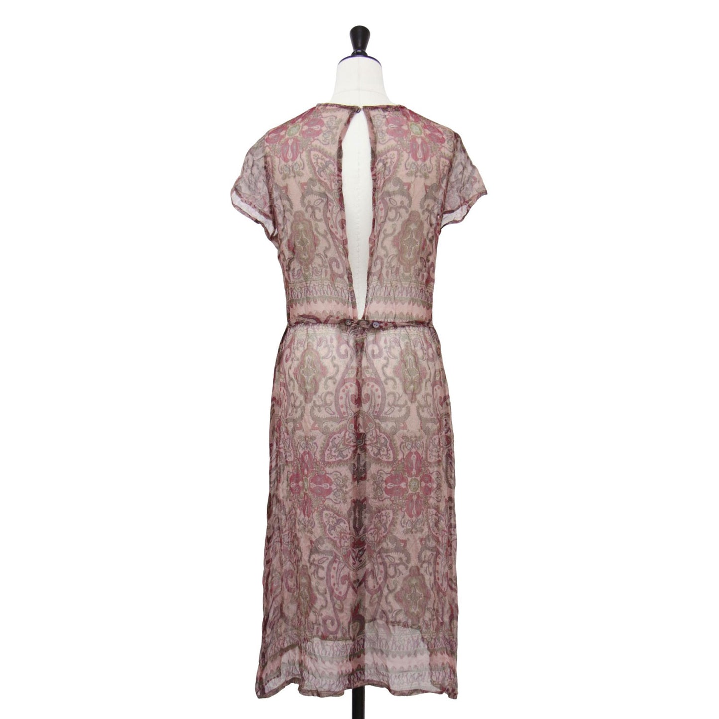 シルク 総柄 ワンピース / ドレス 半袖 クルーネック ミモレ丈 シアー ヴィンテージ