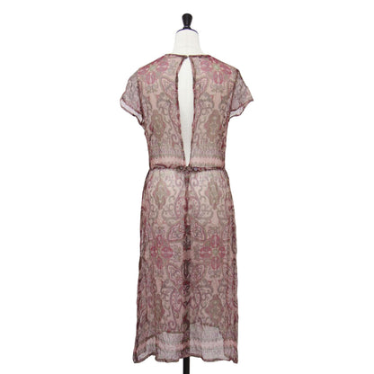 シルク 総柄 ワンピース / ドレス 半袖 クルーネック ミモレ丈 シアー ヴィンテージ