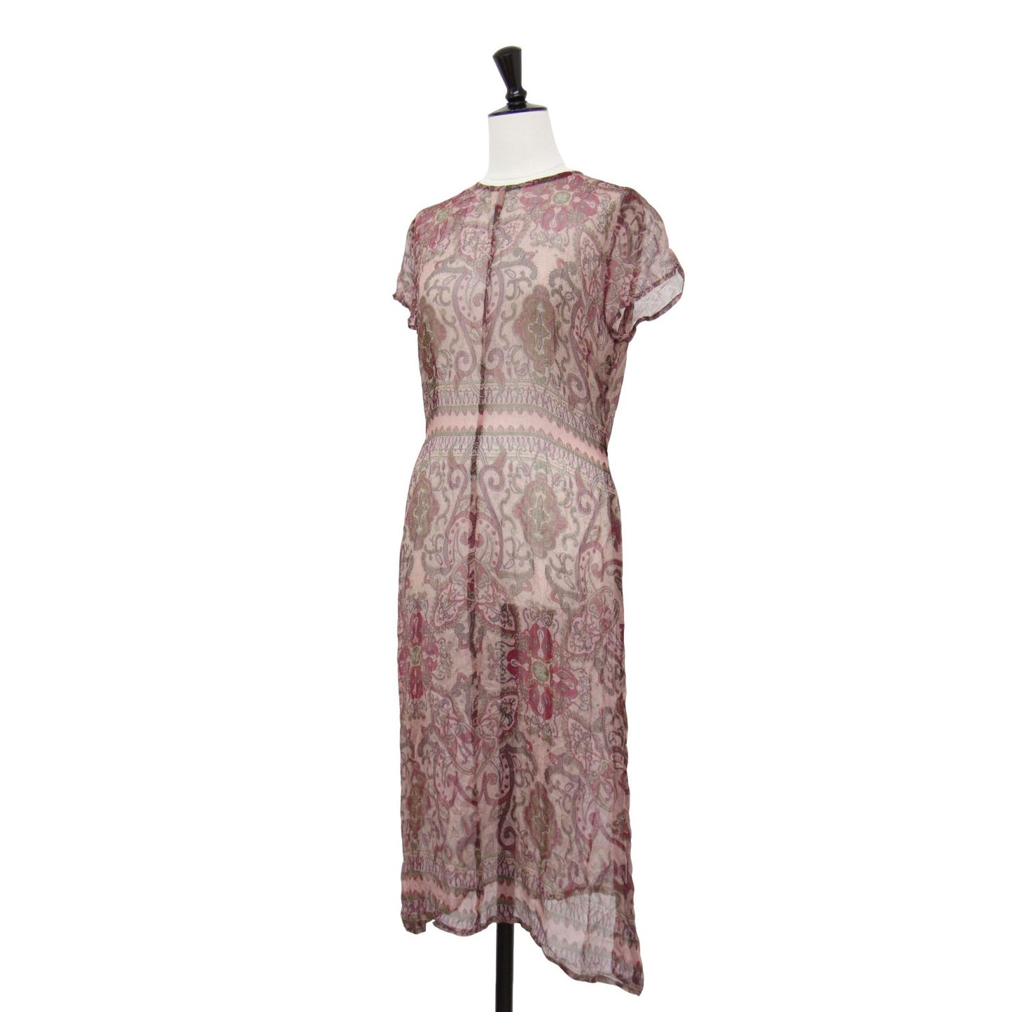 シルク 総柄 ワンピース / ドレス 半袖 クルーネック ミモレ丈 シアー ヴィンテージ