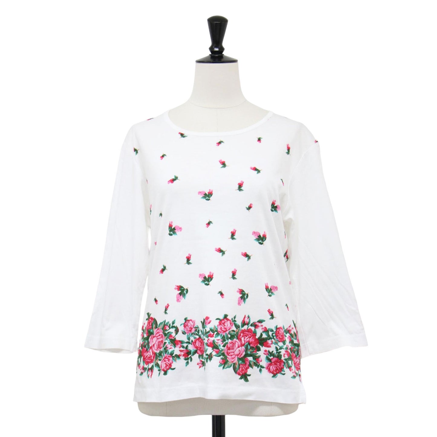 フラワープリント カットソー / Tシャツ 7分袖 クルーネック ロゴ 刺繍 コットン