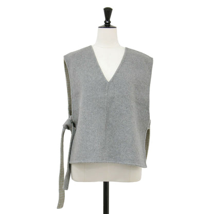 23秋冬 リバーシブル ショート ベスト / プルオーバー クルーネック Vネック チェック 2WAY ウール コットン